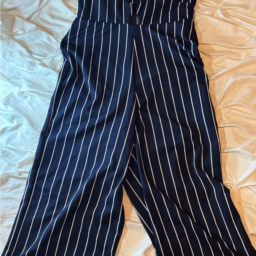 Rue21 Dark Blue and White Striped Jumpsuit